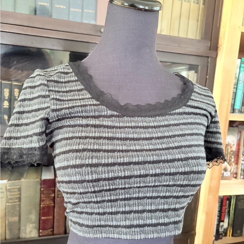 Striped Black and Gray Women's Top with lace